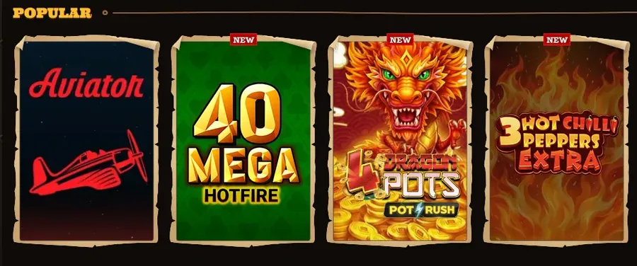 Sélection Populaires du lobby avec Aviator et 40 Mega Hotfire